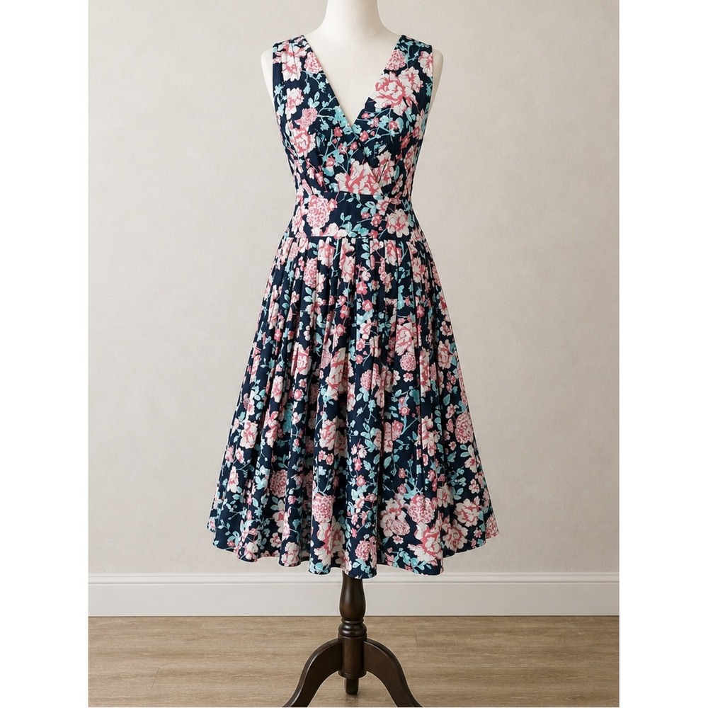 DIVA DOLLZ Fit & Flare Floral Cotton Dress M Retro Pinup Cottagecore Boho Navy - Picture 14 of 14